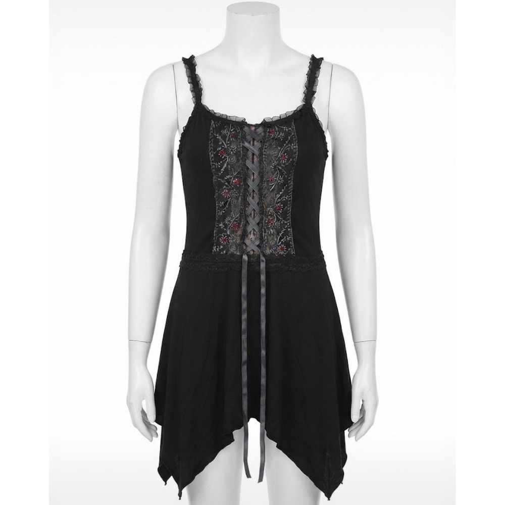 Pretty Angel Y2K Black Lace Up Beaded Handkerchief Hem Tank Top S Fairy Grunge